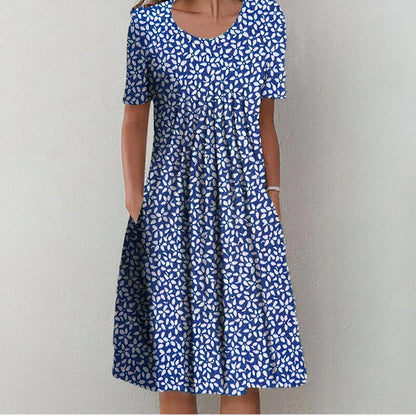 Stylish cotton dress for ladies - Lena-Blue with Flowers-XS-Nora Luxe