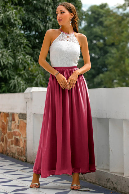 Summer Sleeveless Maxi Dress with Lace Top and Skirt