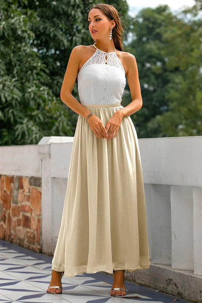Summer Sleeveless Maxi Dress with Lace Top and Skirt