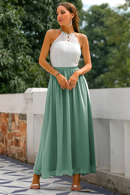 Summer Sleeveless Maxi Dress with Lace Top and Skirt
