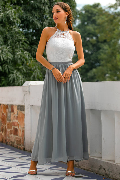 Summer Sleeveless Maxi Dress with Lace Top and Skirt