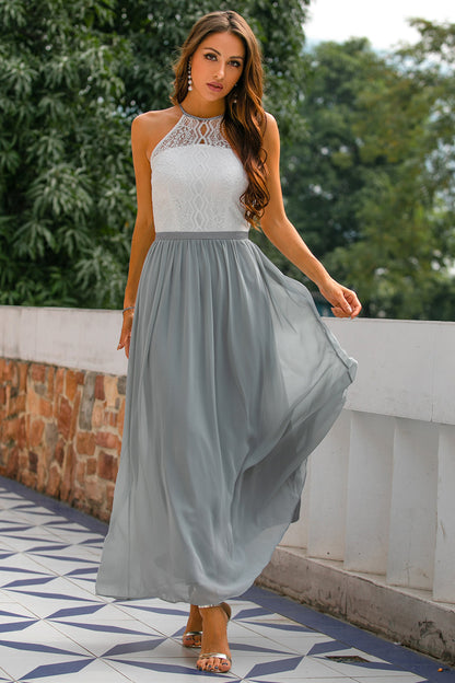 Summer Sleeveless Maxi Dress with Lace Top and Skirt