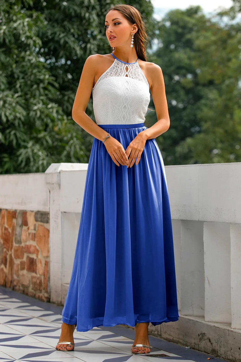 Summer Sleeveless Maxi Dress with Lace Top and Skirt