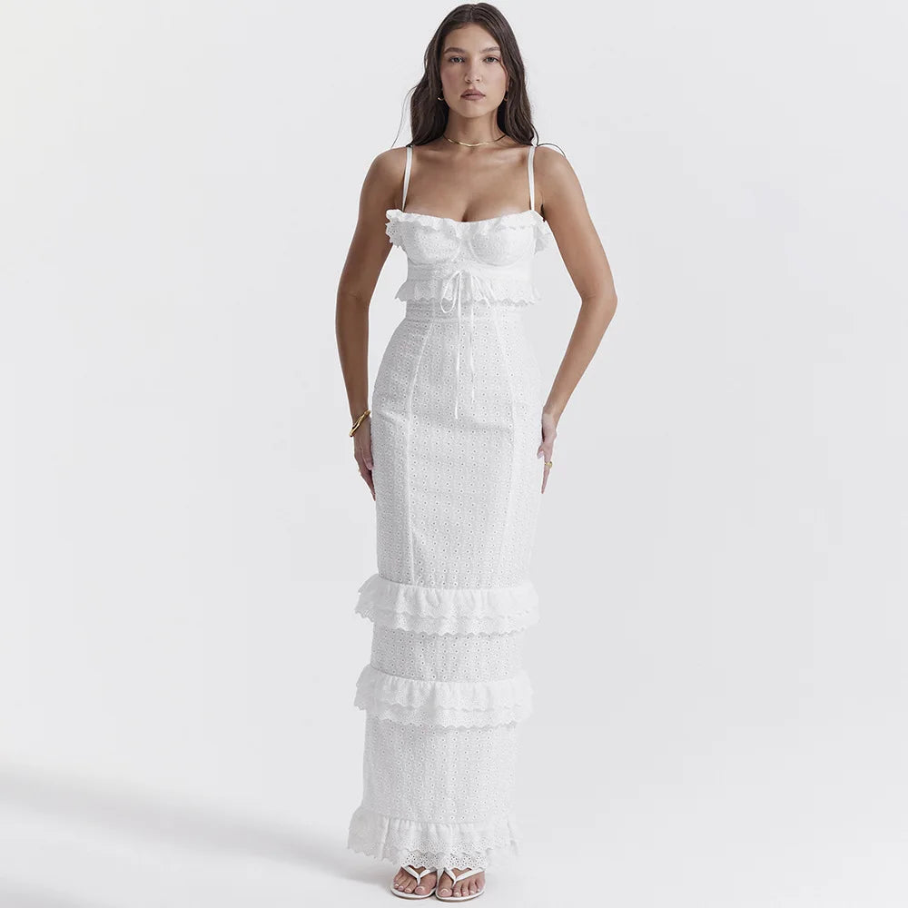 Stylish Embroidered Camisole Maxi Dress in White - Alina-XS-Nora Luxe