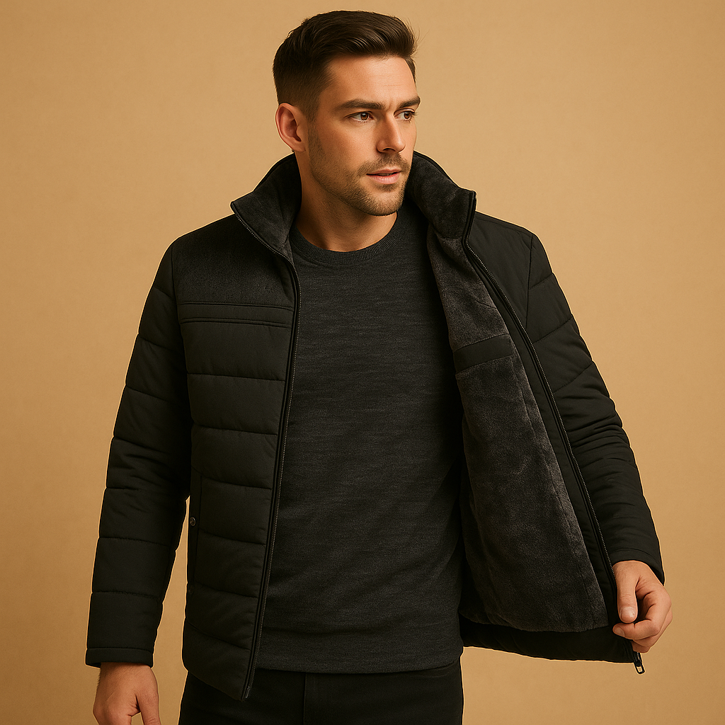 Men’s fleece jacket with soft lining, high collar, and zip pockets, designed for warmth, comfort, and everyday outdoor wear.