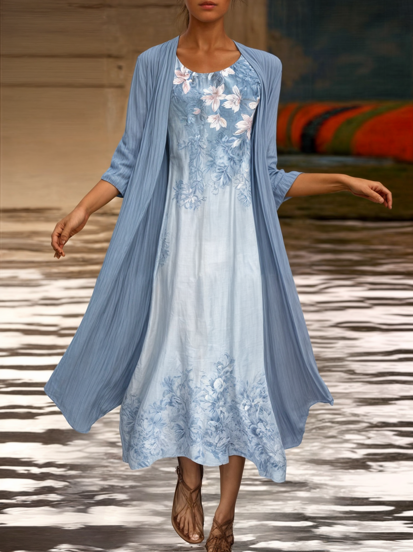 Stylish Floral A-Line Dress with Waistcoat for Women – Miray-Blue Star-M-Nora Luxe