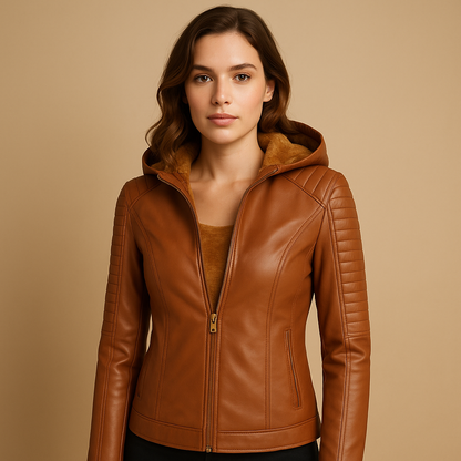 Women’s stylish jacket with a regular fit, detachable hood, and elegant zip details, suitable for casual and smart casual outfits.
