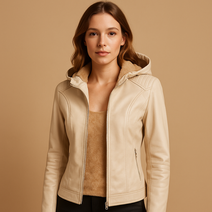 Women’s stylish jacket with a regular fit, detachable hood, and elegant zip details, suitable for casual and smart casual outfits.