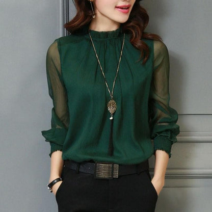 Stylish ladies' chiffon blouse with ruffles & transparent sleeves – Elina-Green-S-Nora Luxe