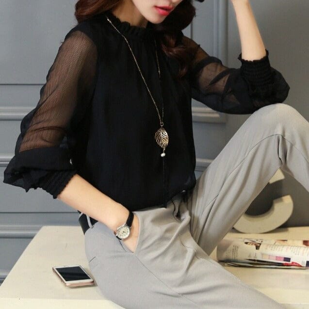 Elegant Women's Ruffle Blouse with Sheer Sleeves - Pexav