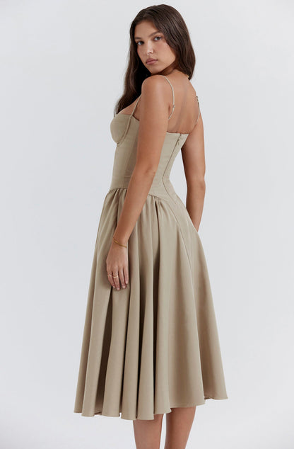 Stylish ladies' summer dress with spaghetti straps & waist corset – Mira-Blue-S-Nora Luxe