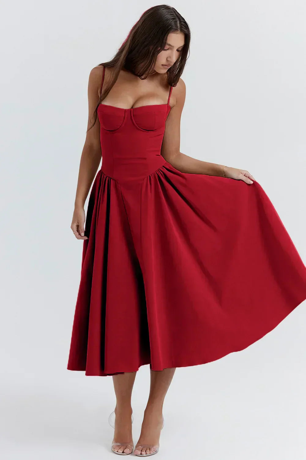Stylish ladies' summer dress with spaghetti straps & waist corset – Mira-Blue-S-Nora Luxe