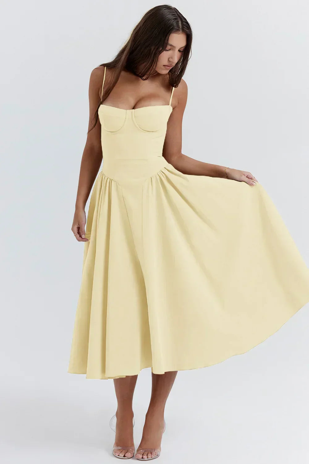 Stylish ladies' summer dress with spaghetti straps & waist corset – Mira-Blue-S-Nora Luxe