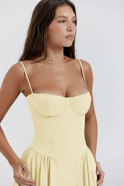 Stylish ladies' summer dress with spaghetti straps & waist corset – Mira-Blue-S-Nora Luxe