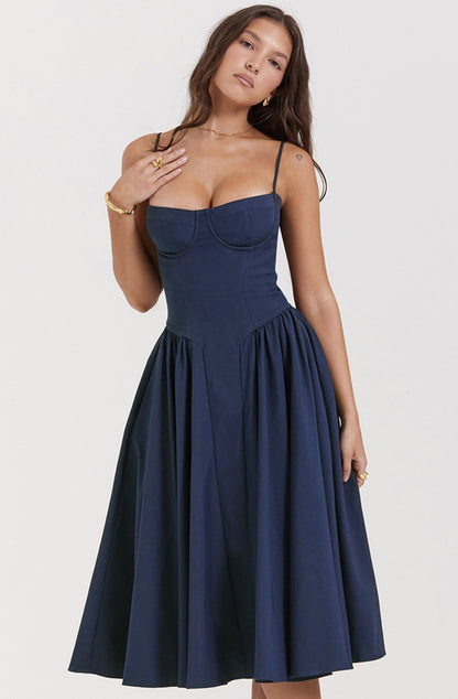 Stylish ladies' summer dress with spaghetti straps & waist corset – Mira-Blue-S-Nora Luxe