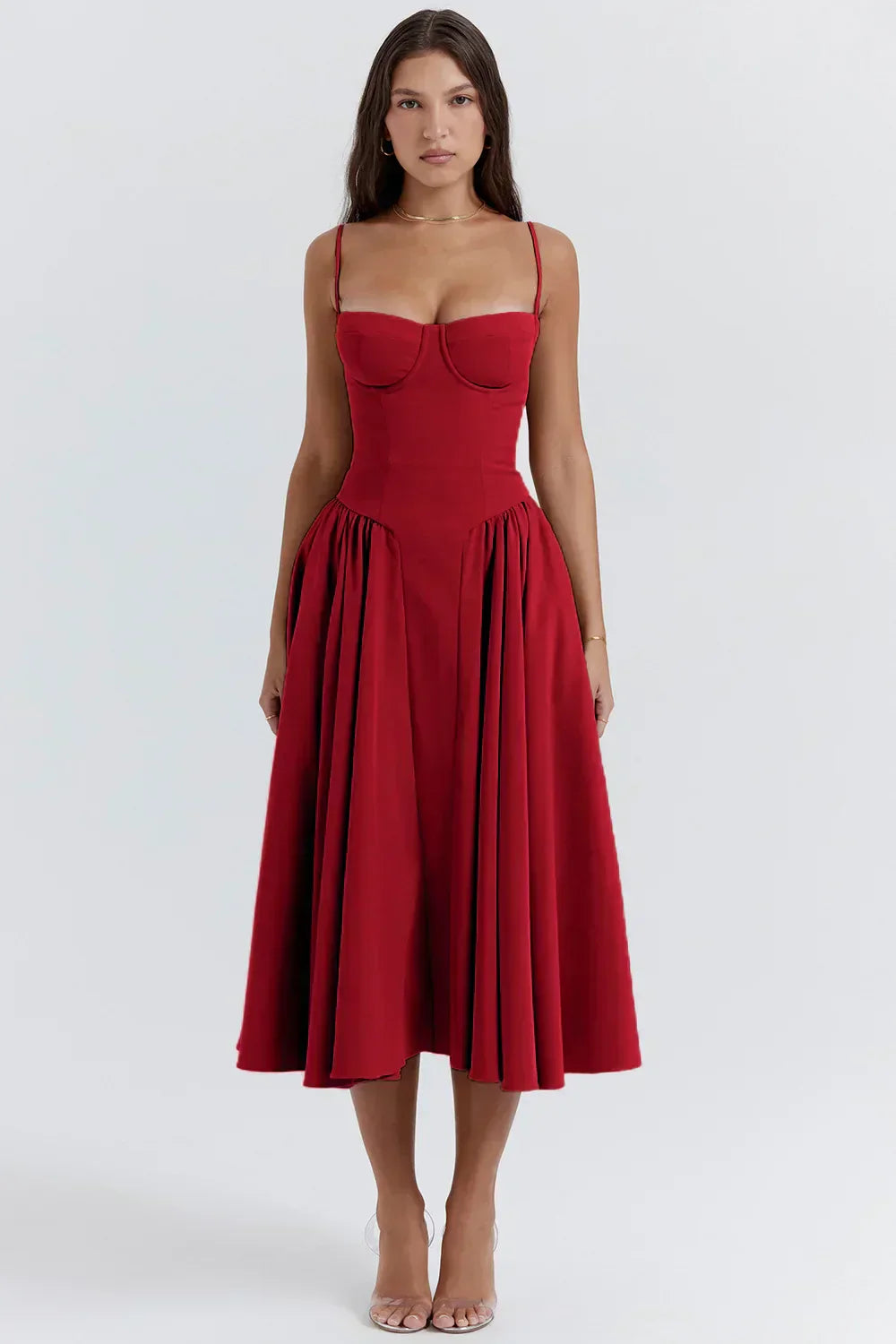 Stylish ladies' summer dress with spaghetti straps & waist corset – Mira-Red-S-Nora Luxe