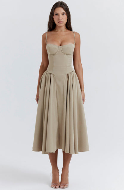 Stylish ladies' summer dress with spaghetti straps & waist corset – Mira-Taupe-S-Nora Luxe