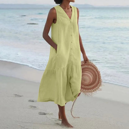 Stylish Linen Dress with V-Neck - Elara-Green-S-Nora Luxe