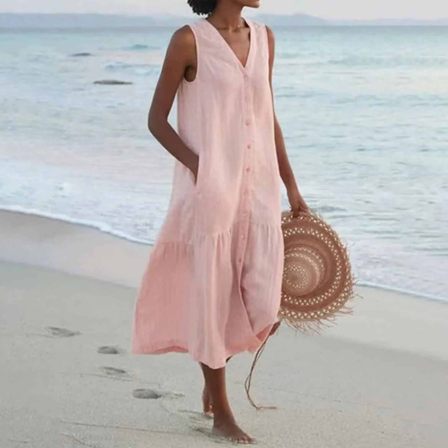 Stylish Linen Dress with V-Neck - Elara-Pink-S-Nora Luxe
