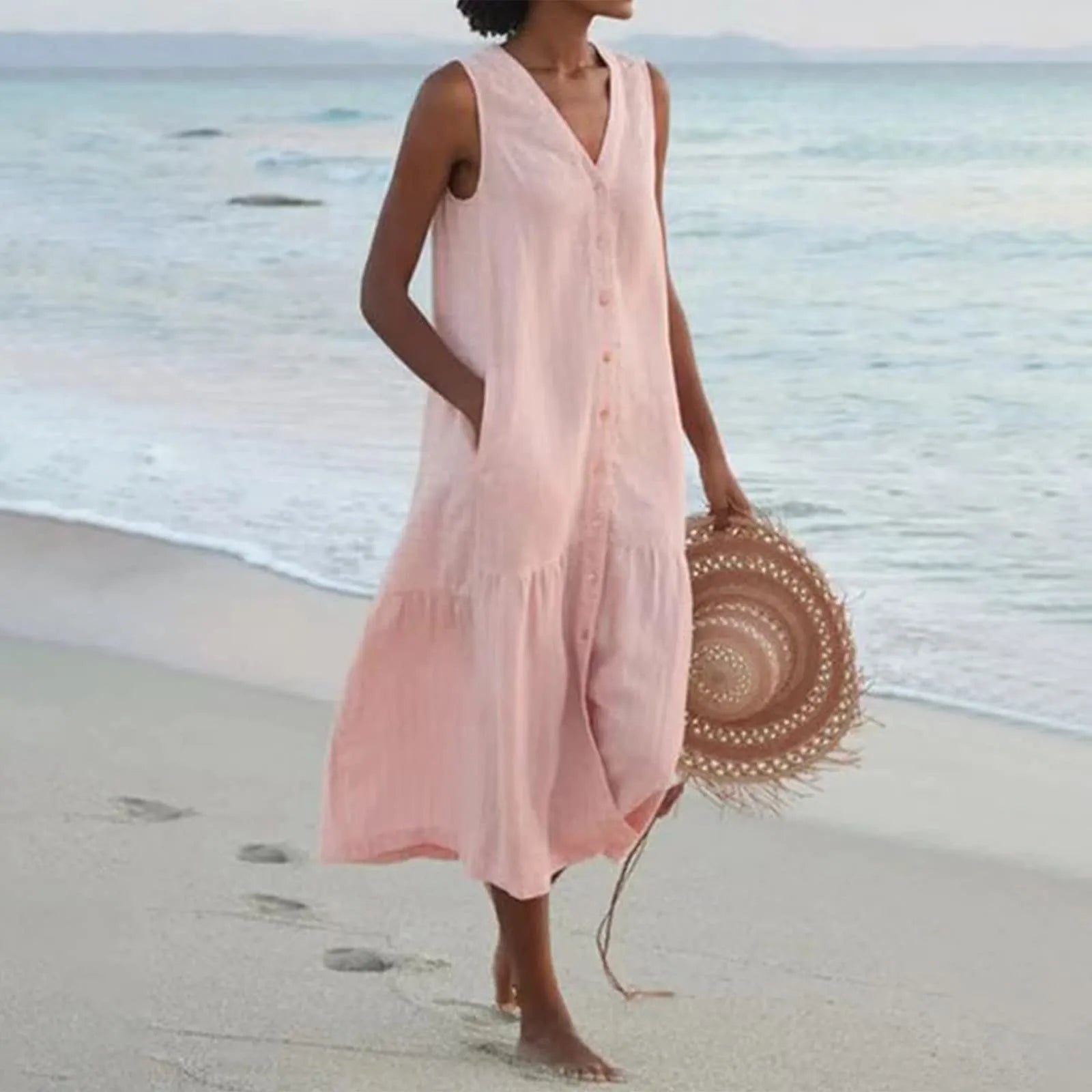 Stylish Linen Dress with V-Neck - Elara-Pink-S-Nora Luxe