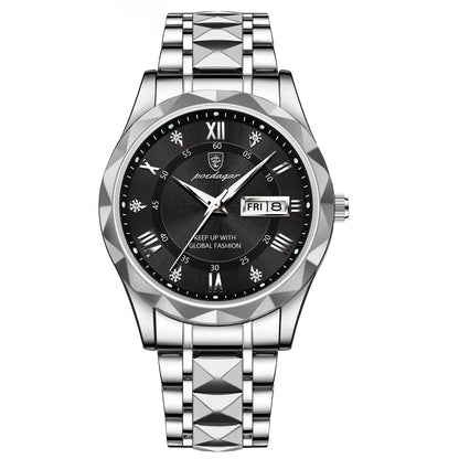 Stylish Men's Watch in Stainless Steel - LumiSteel-Silver Black-Nora Luxe