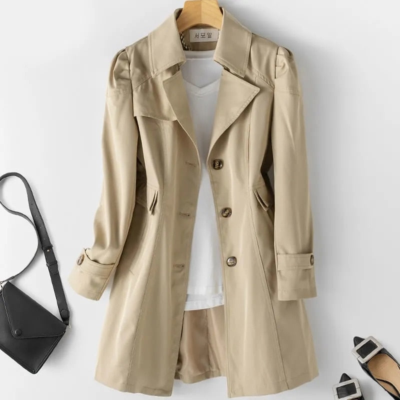 Stylish Mid-Length Women's Trench Coat - Victoria-Khaki-M-Nora Luxe