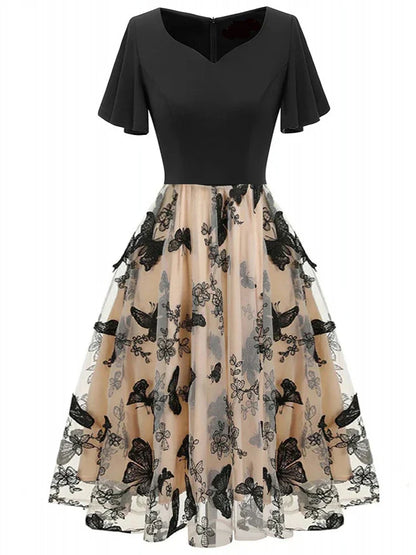 Chic Mesh Embroidered Dress with Ruffle Sleeves - Pexav