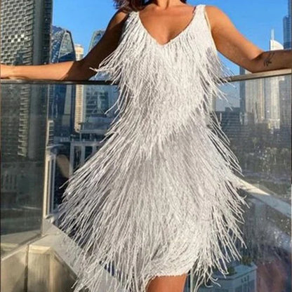 Stylish Mini Dress with Tassels - Celeste-White-S-Nora Luxe