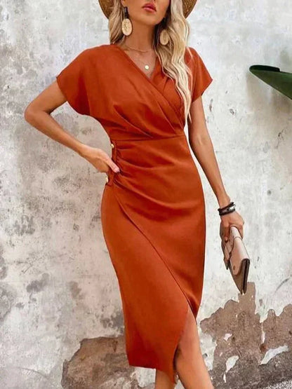 Stylish Orange V-neck Midi Dress - Ruby-S-Nora Luxe