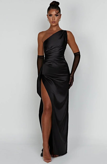Stylish Satin Dress with Pleats and Shoulder Detail - Selene-Black-XS-Nora Luxe