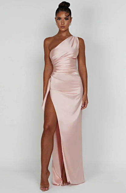 Stylish Satin Dress with Pleats and Shoulder Detail - Selene-Red-XS-Nora Luxe