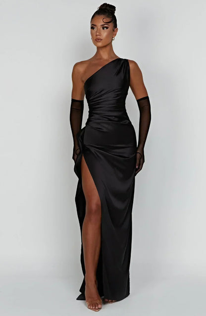 Stylish Satin Dress with Pleats and Shoulder Detail - Selene-Red-XS-Nora Luxe