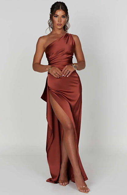 Stylish Satin Dress with Pleats and Shoulder Detail - Selene-Red-XS-Nora Luxe