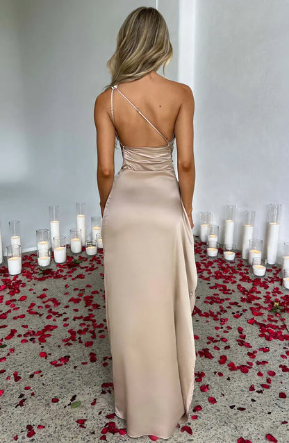 Stylish Satin Dress with Pleats and Shoulder Detail - Selene-Red-XS-Nora Luxe