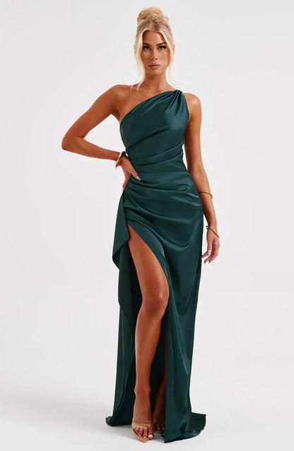 Stylish Satin Dress with Pleats and Shoulder Detail - Selene-Red-XS-Nora Luxe