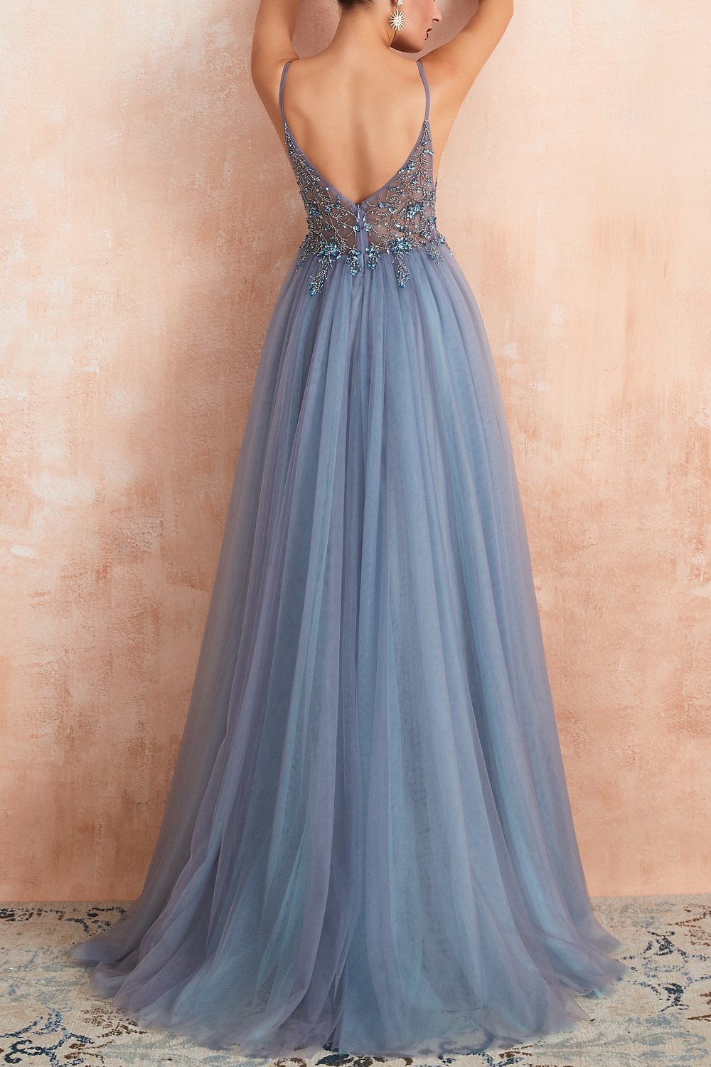 Stylish Tulle Evening Dress with V-Neck and Split - Elena-Light blue-0-Nora Luxe