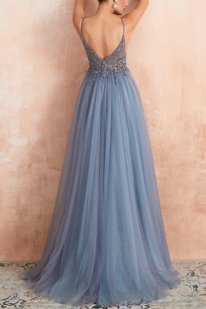 Stylish Tulle Evening Dress with V-Neck and Split - Elena-Light blue-0-Nora Luxe