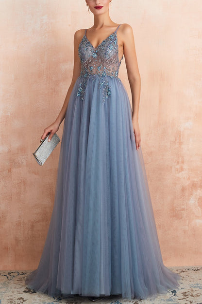 Stylish Tulle Evening Dress with V-Neck and Split - Elena-Light blue-0-Nora Luxe