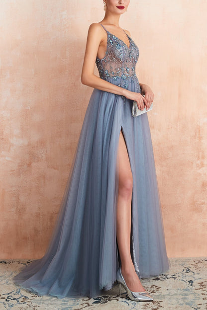 Stylish Tulle Evening Dress with V-Neck and Split - Elena-Light blue-0-Nora Luxe