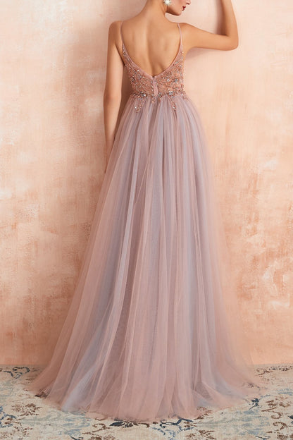 Stylish Tulle Evening Dress with V-Neck and Split - Elena-Light blue-0-Nora Luxe