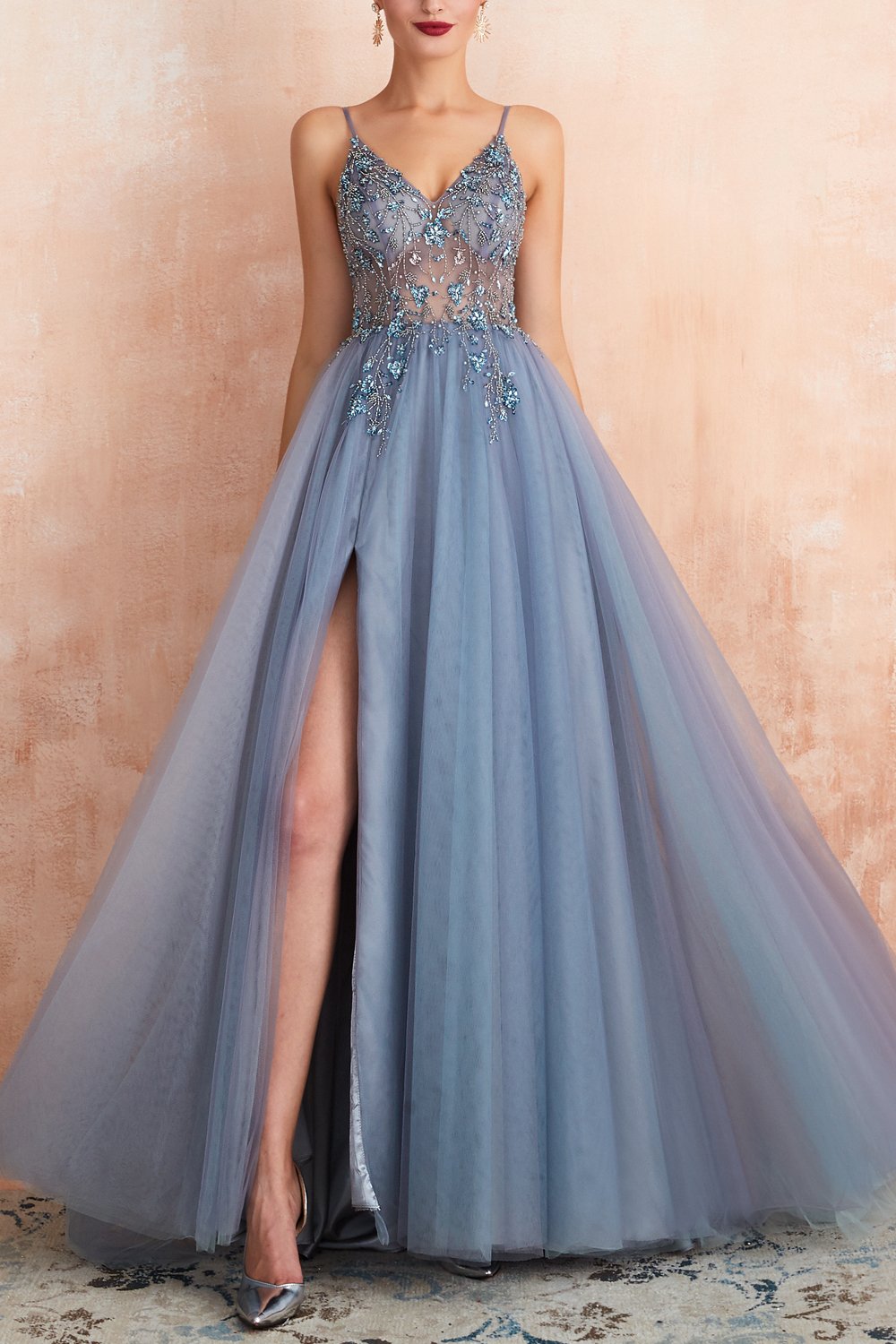 Elegant V Neck Prom Dress with High Split - Elena - Pexav