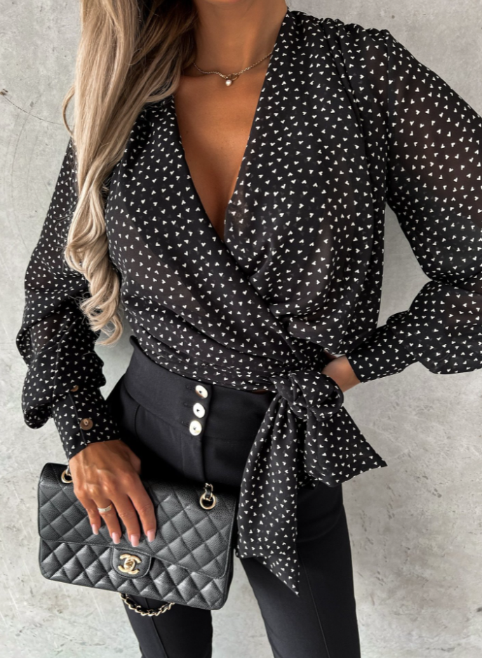 Stylish V-Neck Blouse with Puffed Sleeves - Mireille-Black/White Print-S-Nora Luxe