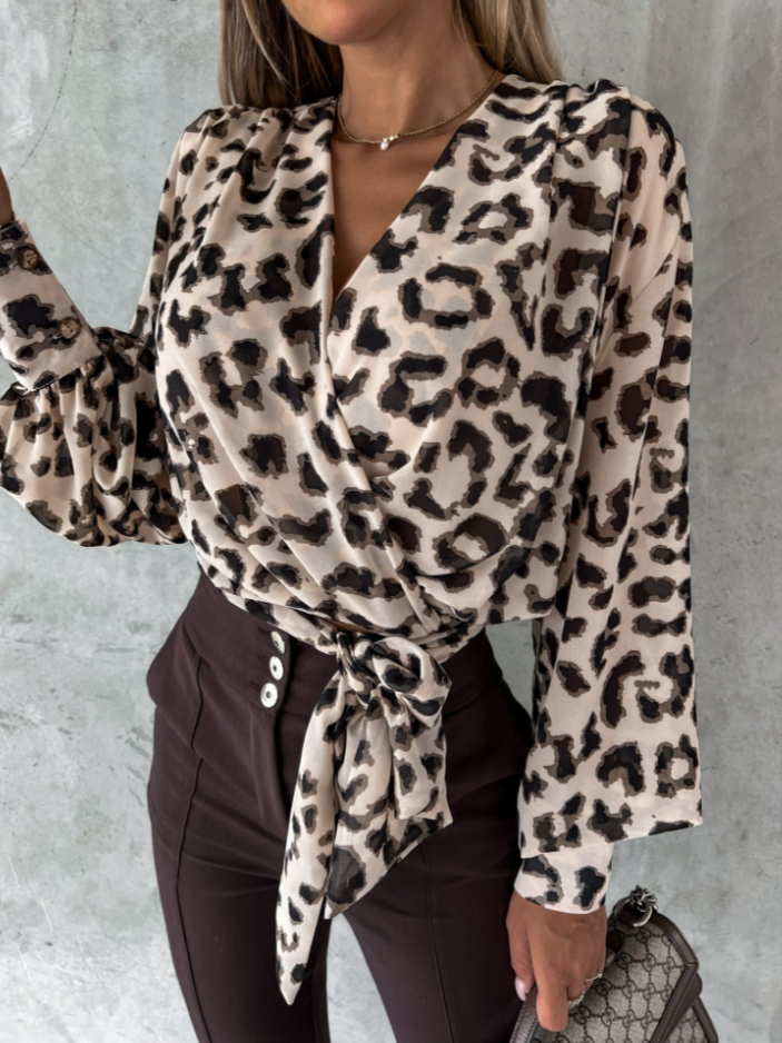 Stylish V-Neck Blouse with Puffed Sleeves - Mireille-Leopard Print-S-Nora Luxe