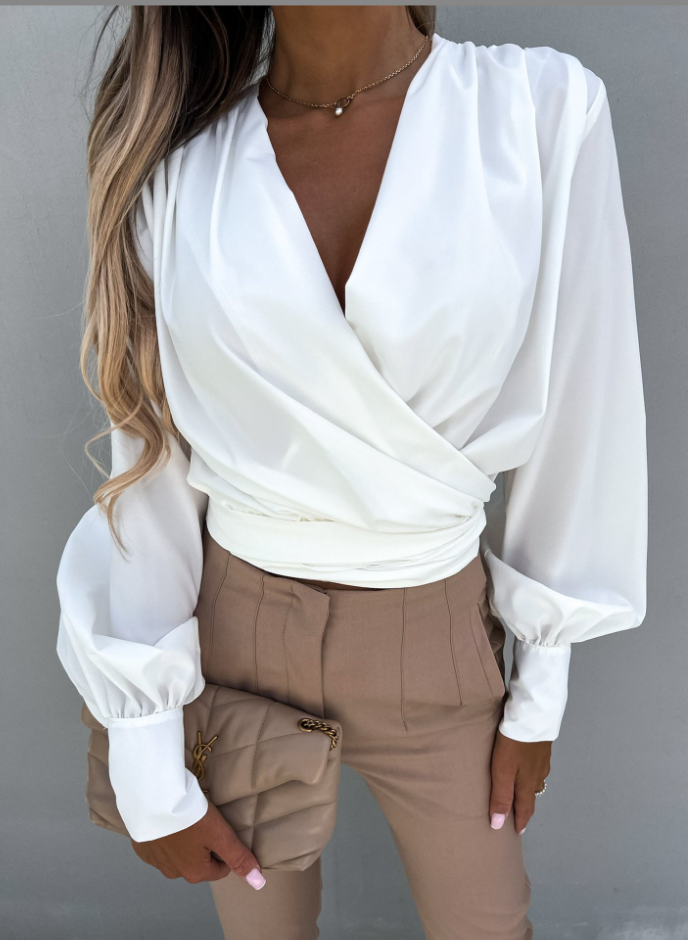 Fashionable V Neck Top with Ruffled Sleeves - Pexav