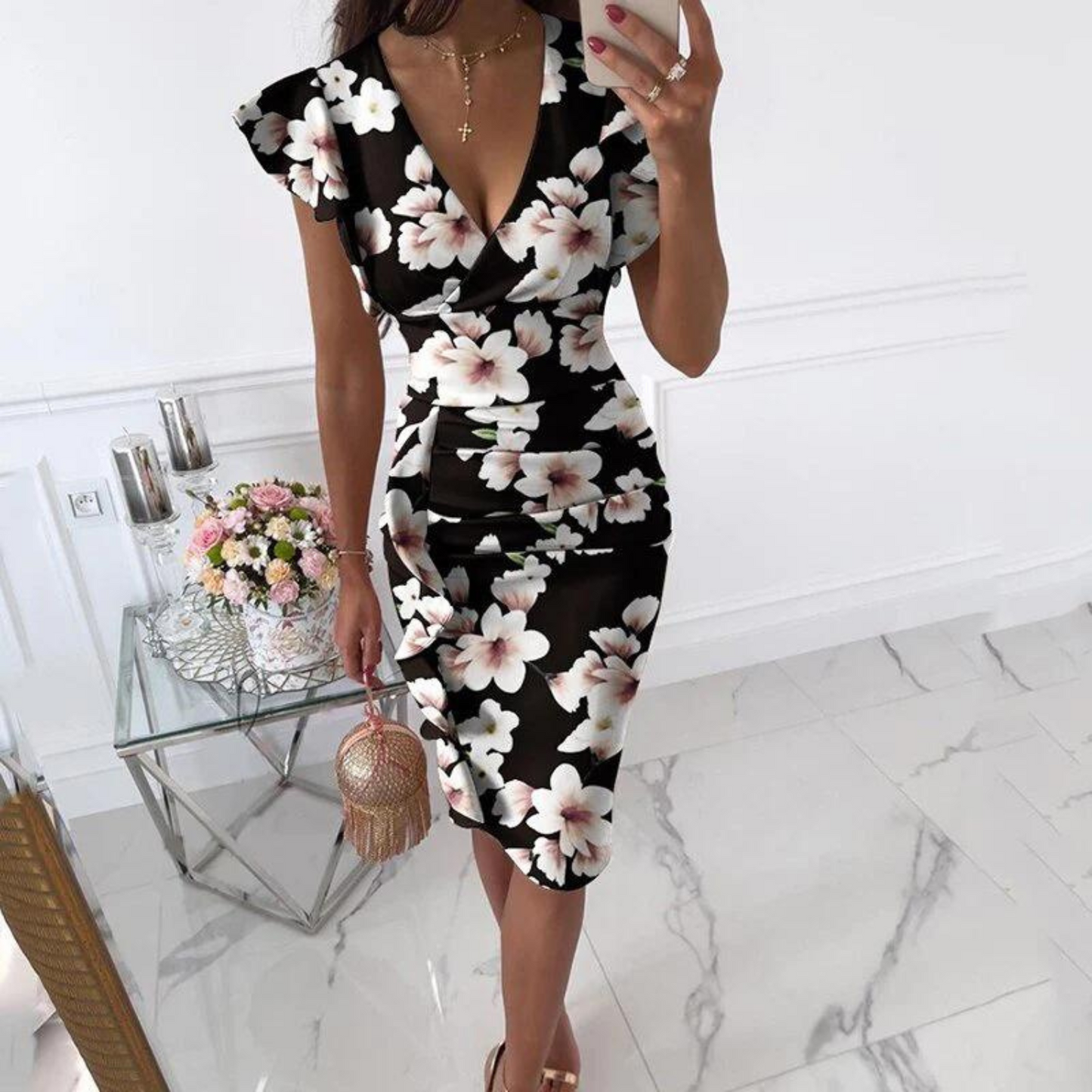 Elegant Pleated Sleeve V Neck Dress - Pexav