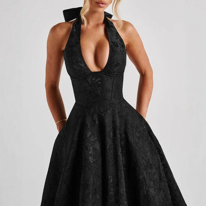 Stylish Women's A-Line Cocktail Dress with Deep V-Neck – Liora-Black-M-Nora Luxe
