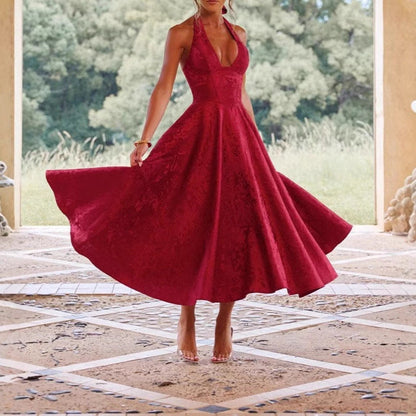 Elegant Ladies' A-Line Party Dress with Low V-Neck - Pexav