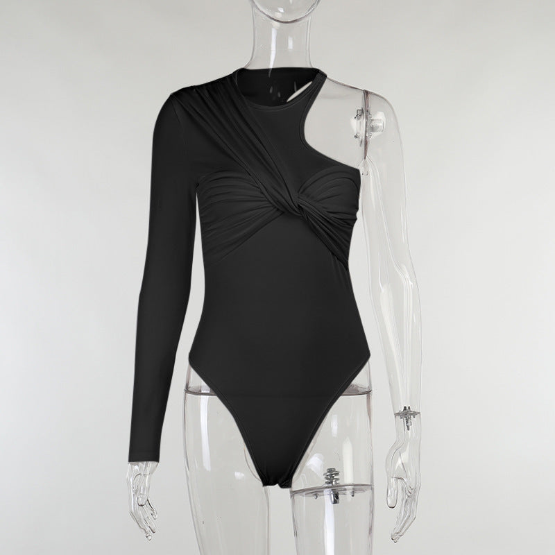 Stylish women's long-sleeve bodysuit with drape effect & figure-hugging cut – Mira-Black-M-Nora Luxe