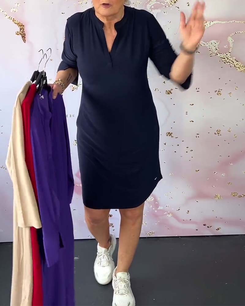Stylish women's midi dress with V-neck and convertible sleeves – Naria-Navy blue-S-Nora Luxe
