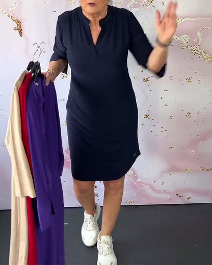 Stylish women's midi dress with V-neck and convertible sleeves – Naria-Navy blue-S-Nora Luxe